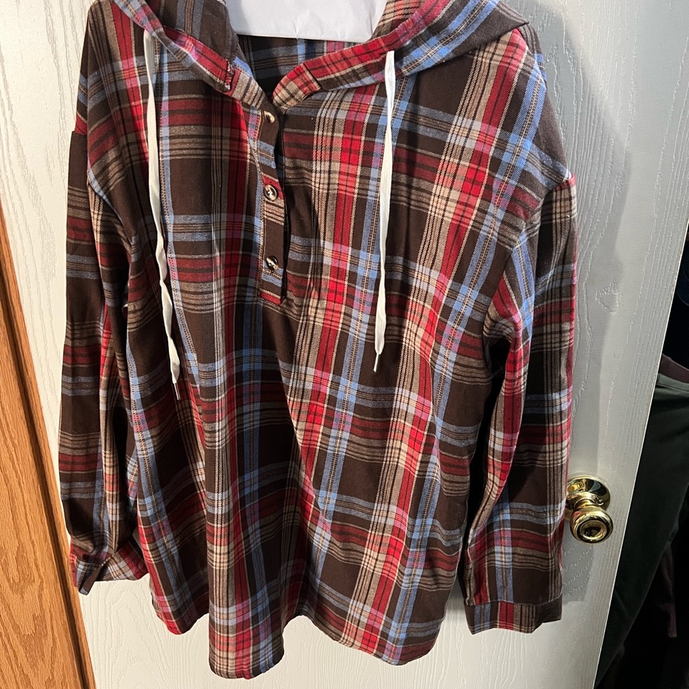 Plaid Hooded Shirt with Button Details